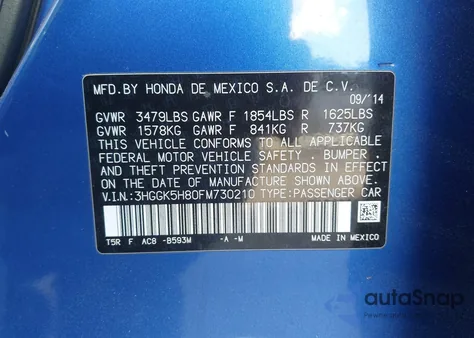 2015 Honda Fit Ex/Ex-L from USA, damaged, VIN 3HGGK5H80FM730210